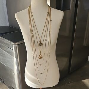 VTG Signed Goldette Gilded Gold Spinner Fob Layered 5 Strand Bezel Set Necklace
